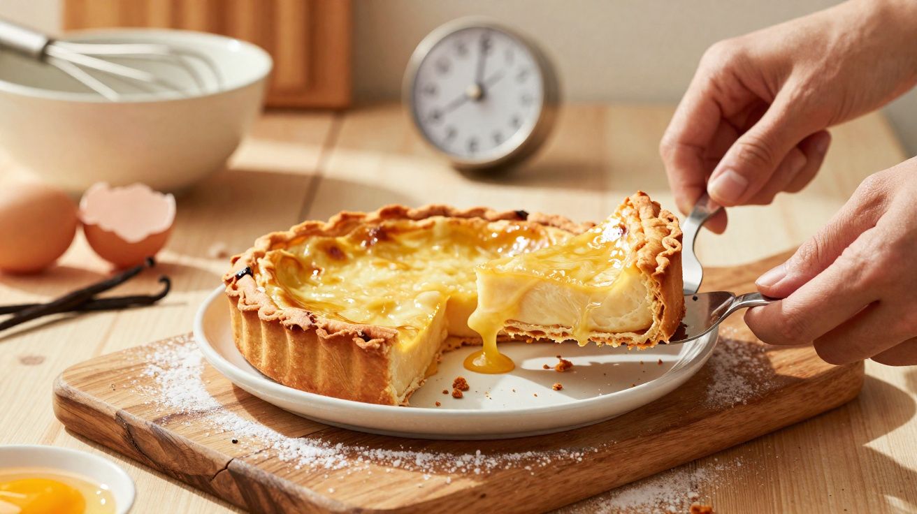 Tarte de limão com cobertura cremosa a escorrer, sendo servida com utensílios de cozinha ao fundo.