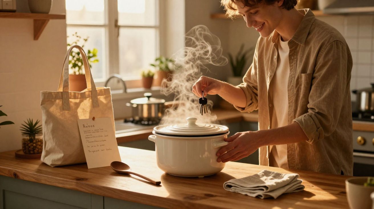 Pessoa a abrir panela com vapor numa cozinha iluminada, com saco de compras e receita na bancada.