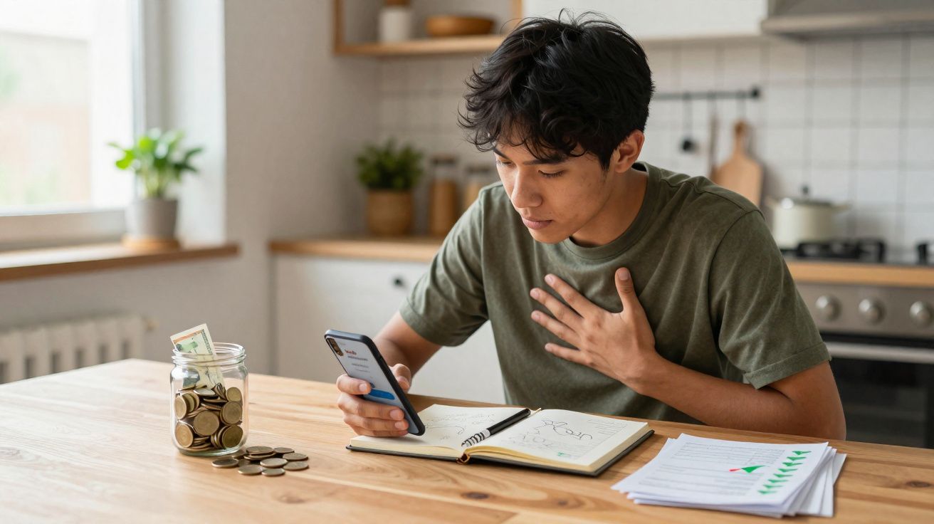 Homem jovem preocupado a consultar o telemóvel e a gerir finanças à mesa com moedas e notas numa cozinha.