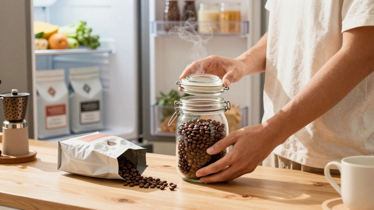Pessoa a fechar um frasco de vidro com grãos de café ao lado de saco aberto numa mesa de madeira.