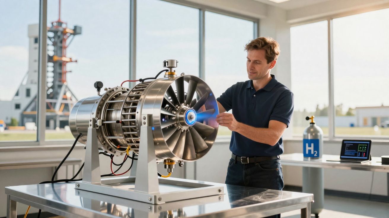 Homem a inspecionar turbina de jato em laboratório com equipamento de hidrogénio ao fundo.
