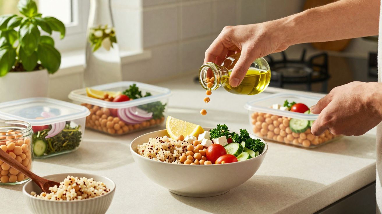 Pessoa a temperar salada com grão-de-bico, quinoa, tomate, pepino e limão numa cozinha iluminada.