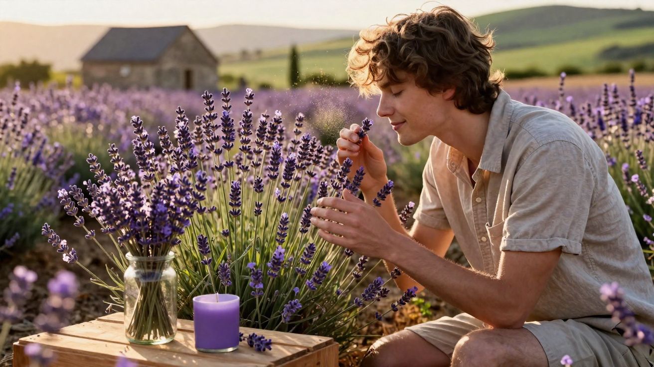 Jovem cheira flores de lavanda num campo com vela roxa e frasco sobre mesa de madeira.