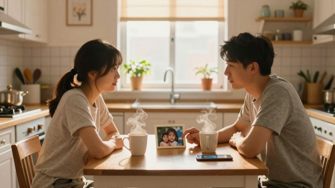 Casal sentado à mesa na cozinha, olhando uma fotografia entre duas chávenas de chá fumegante.