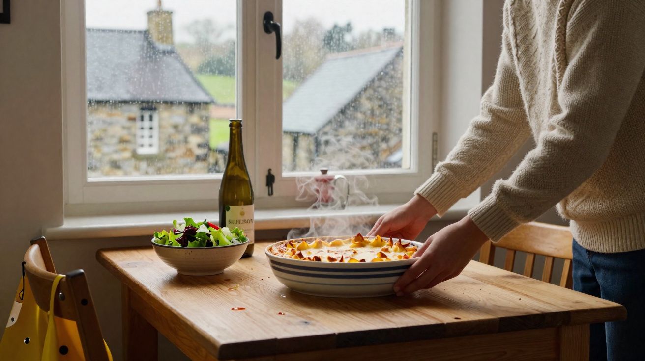 Pessoa a colocar prato de lasanha quente numa mesa de madeira com salada e garrafa de vinho num dia chuvoso.