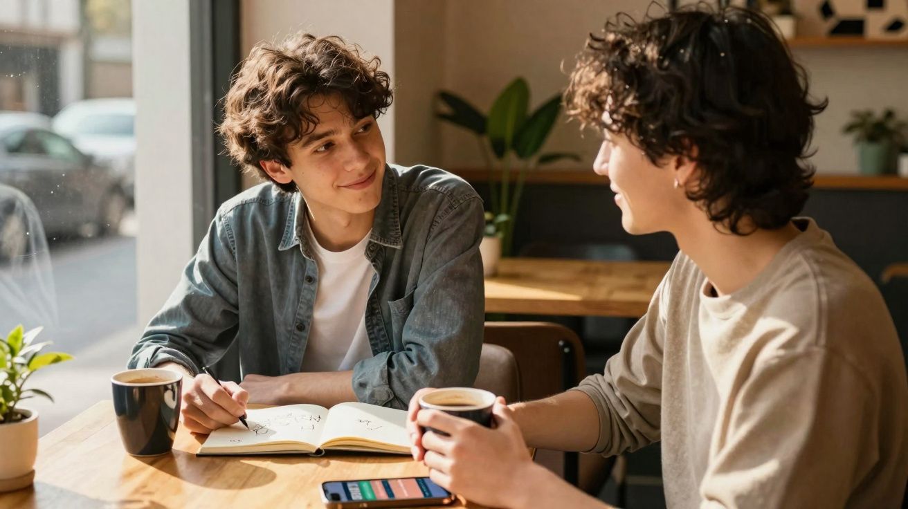 Dois jovens conversam num café, com um a escrever num caderno e o outro a segurar uma chávena de café.