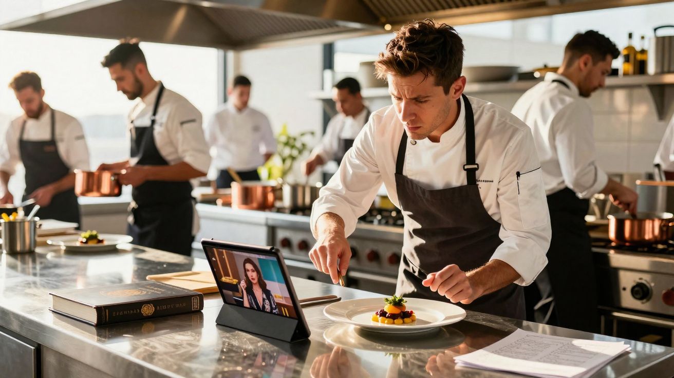 Chef a preparar um prato sofisticado na cozinha profissional com colegas ao fundo e um tablet com vídeo na bancada.