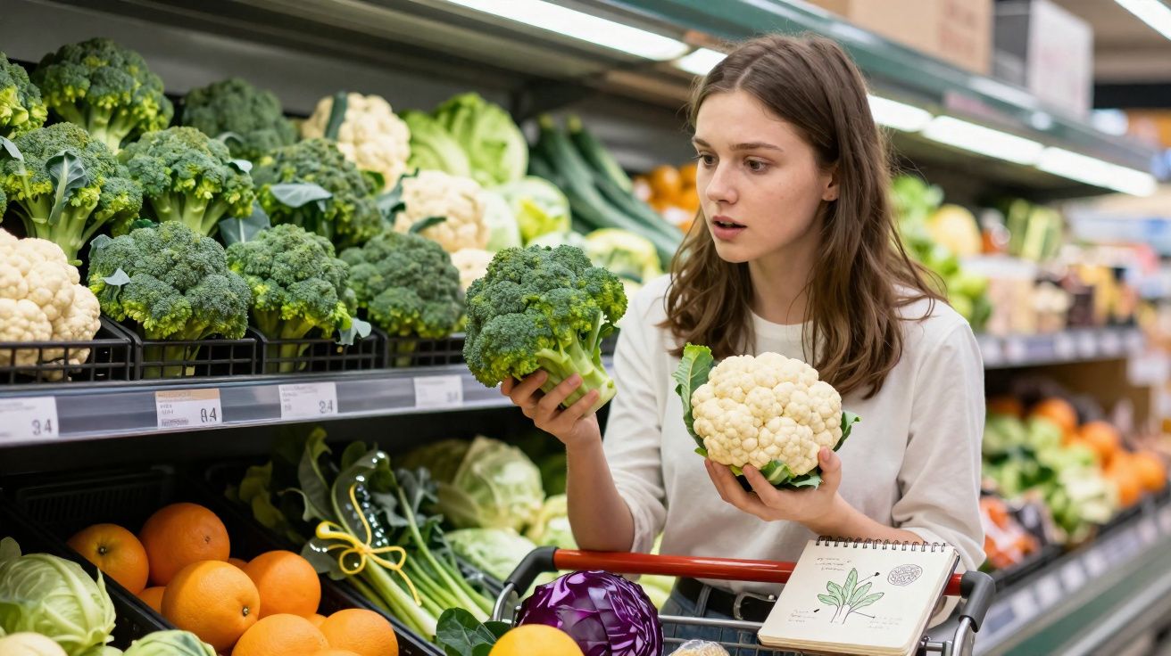 Mulher jovem compara brócolos e couve-flor enquanto faz compras numa feira de legumes.