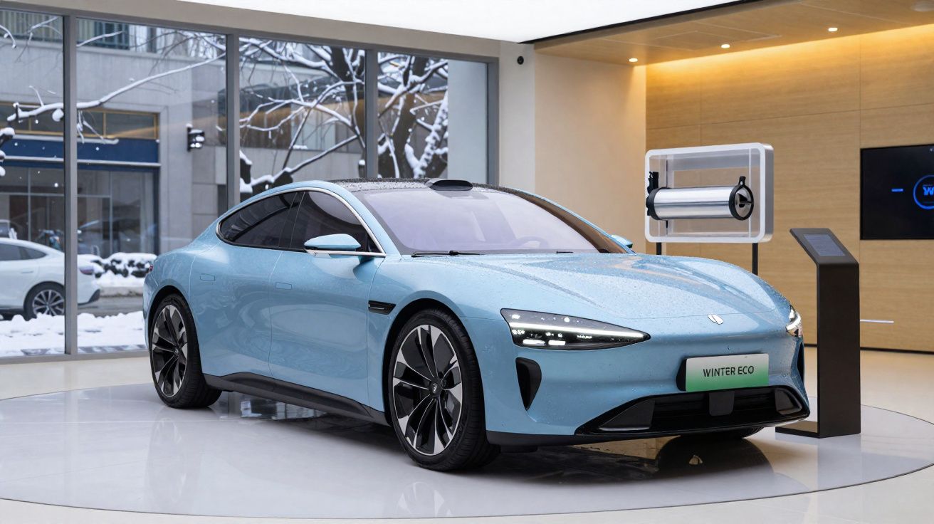 Carro elétrico azul claro exposto em showroom moderno com chão branco e janelas amplas.