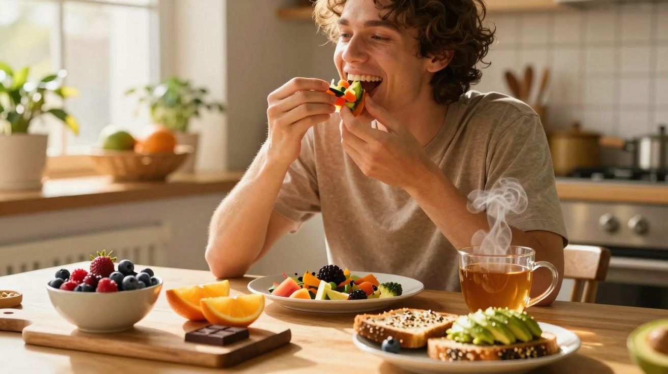 Homem a comer salada de fruta na cozinha, com chá e torradas com abacate na mesa.