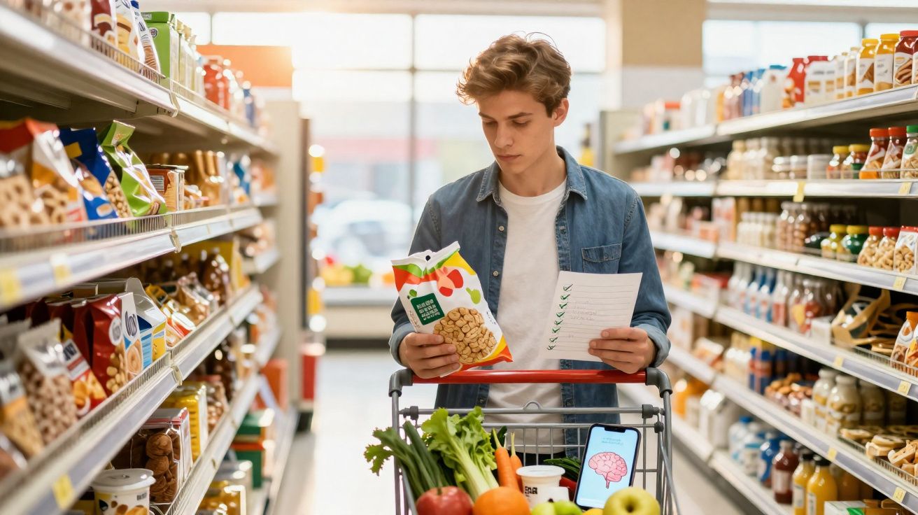 Jovem no supermercado com carrinho cheio de legumes, a consultar lista enquanto olha embalagem de produto.