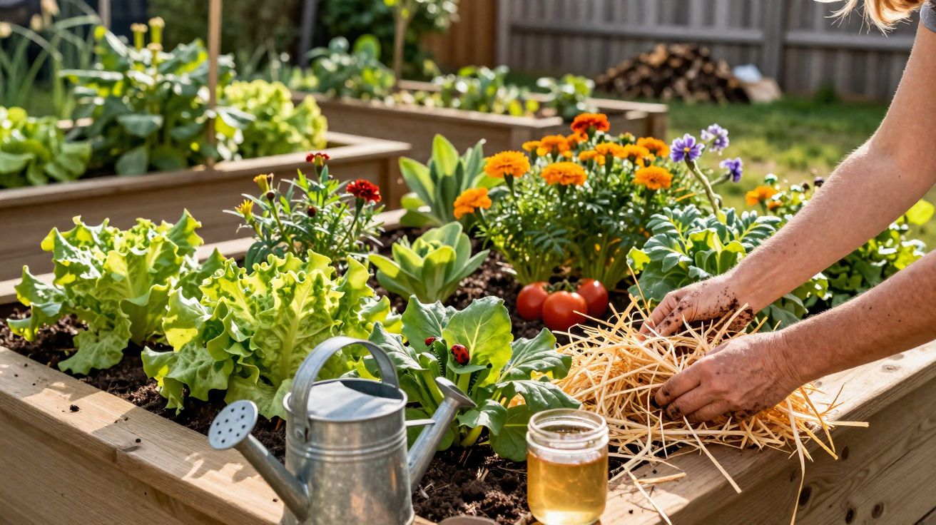 Pessoa a cuidar de canteiro com verduras, flores e regador num jardim ensolarado.