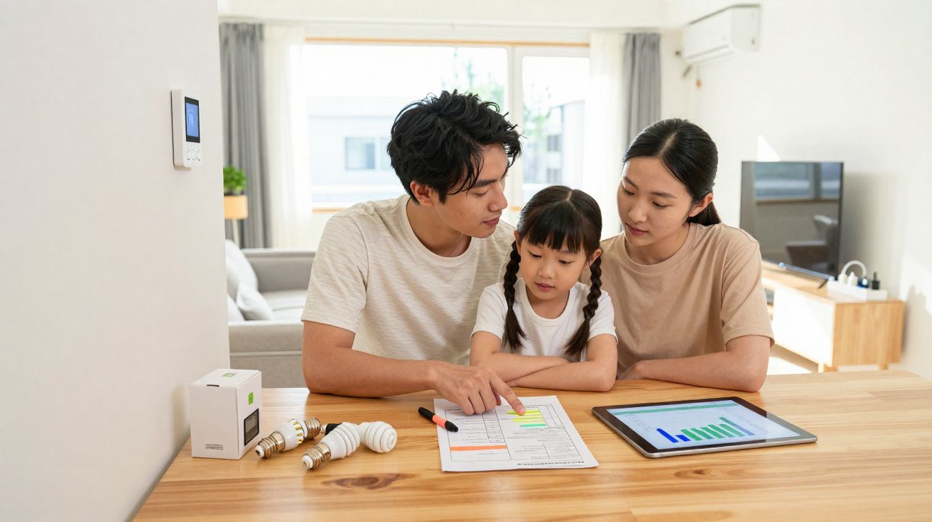 Família asiática sentada à mesa a analisar contas e gráficos de consumo de energia em casa.