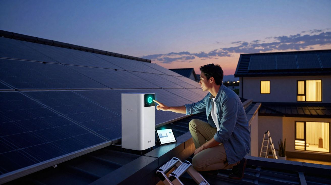 Homem num telhado com painéis solares controla dispositivo branco ao pôr do sol, frente a edifícios iluminados.