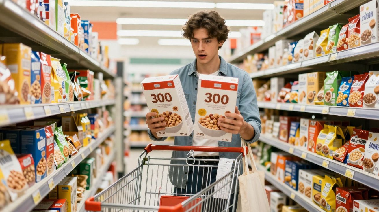 Jovem no supermercado compara duas caixas de cereais com carrinho vazio entre prateleiras cheias de produtos.