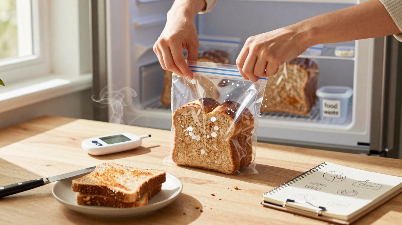 Mãos a guardar fatias de pão integral numa embalagem plástica, com torradas e caderno na mesa.