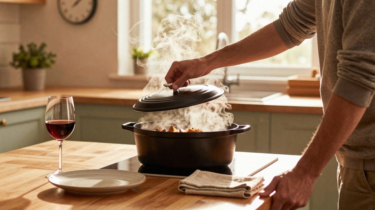 Pessoa a levantar tampa de panela quente numa cozinha com vapor a sair, vidro de vinho tinto e prato vazio na mesa.