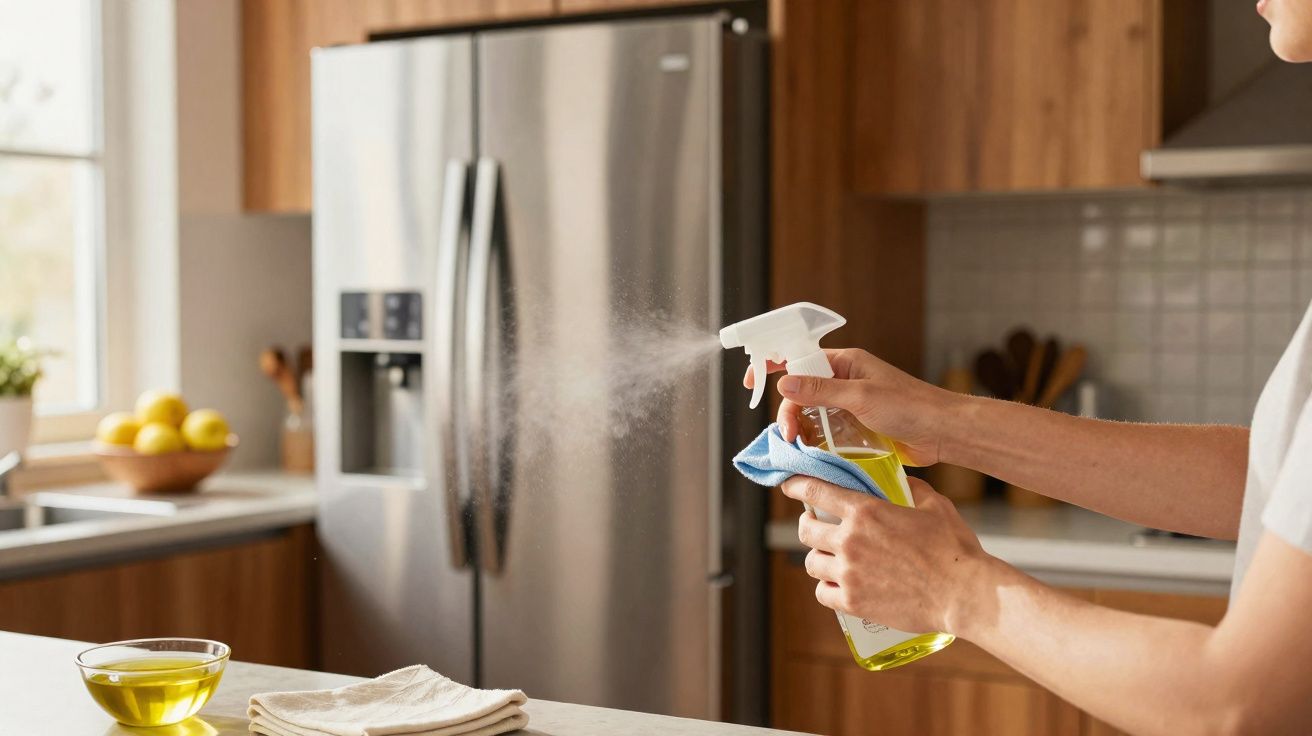 Pessoa a pulverizar produto de limpeza na cozinha moderna com frigorífico e bancada organizada.