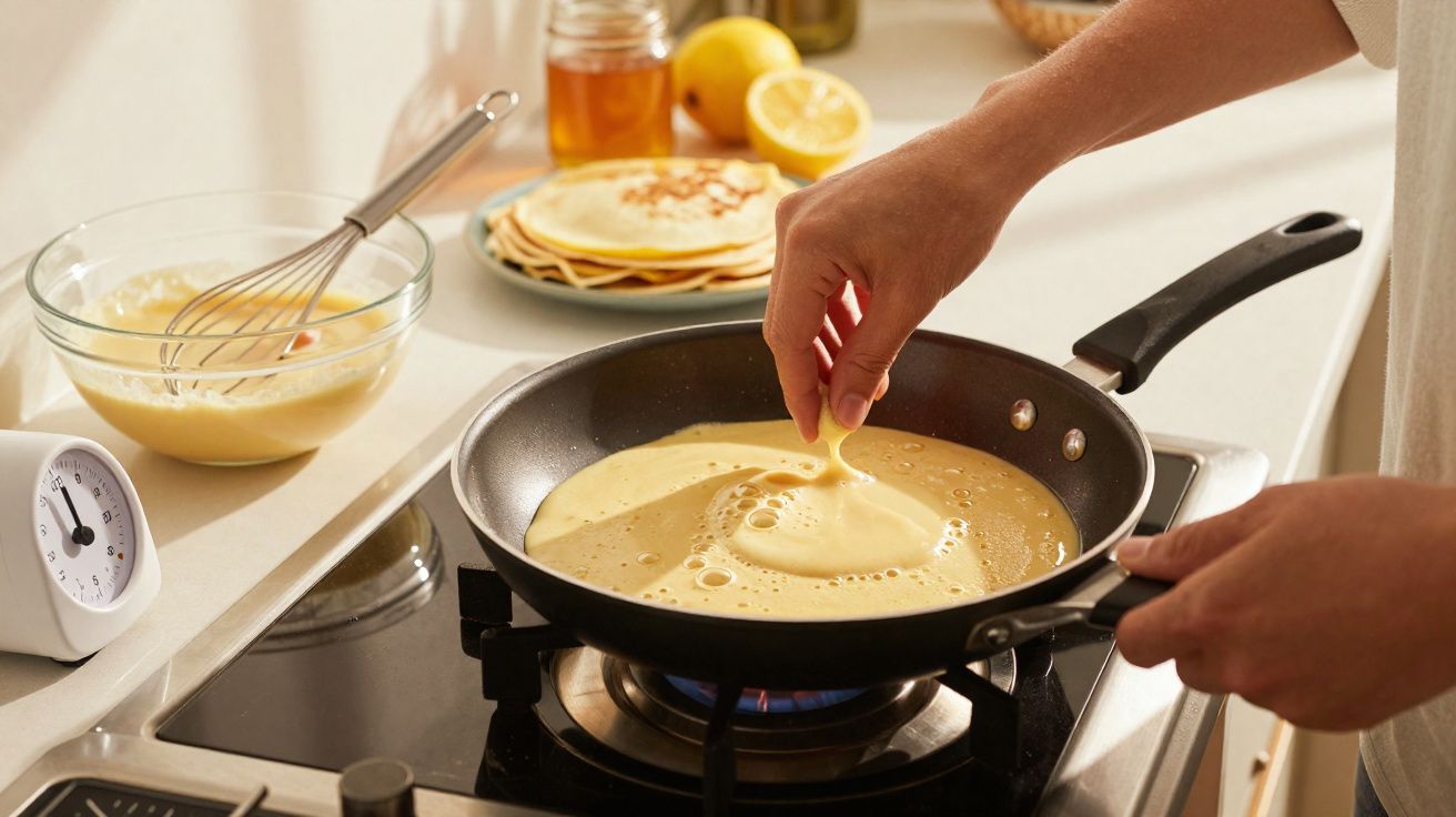 Pessoa a cozinhar panquecas numa frigideira com massa e ingredientes na bancada da cozinha.