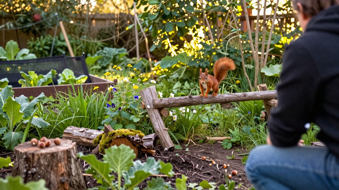 Esquilo vermelho em cerca de madeira num jardim, com pessoa observando agachada à direita.