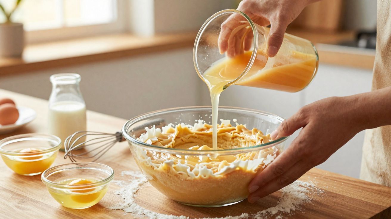 Pessoa a verter mistura líquida numa tigela com massa e chantili numa cozinha iluminada.
