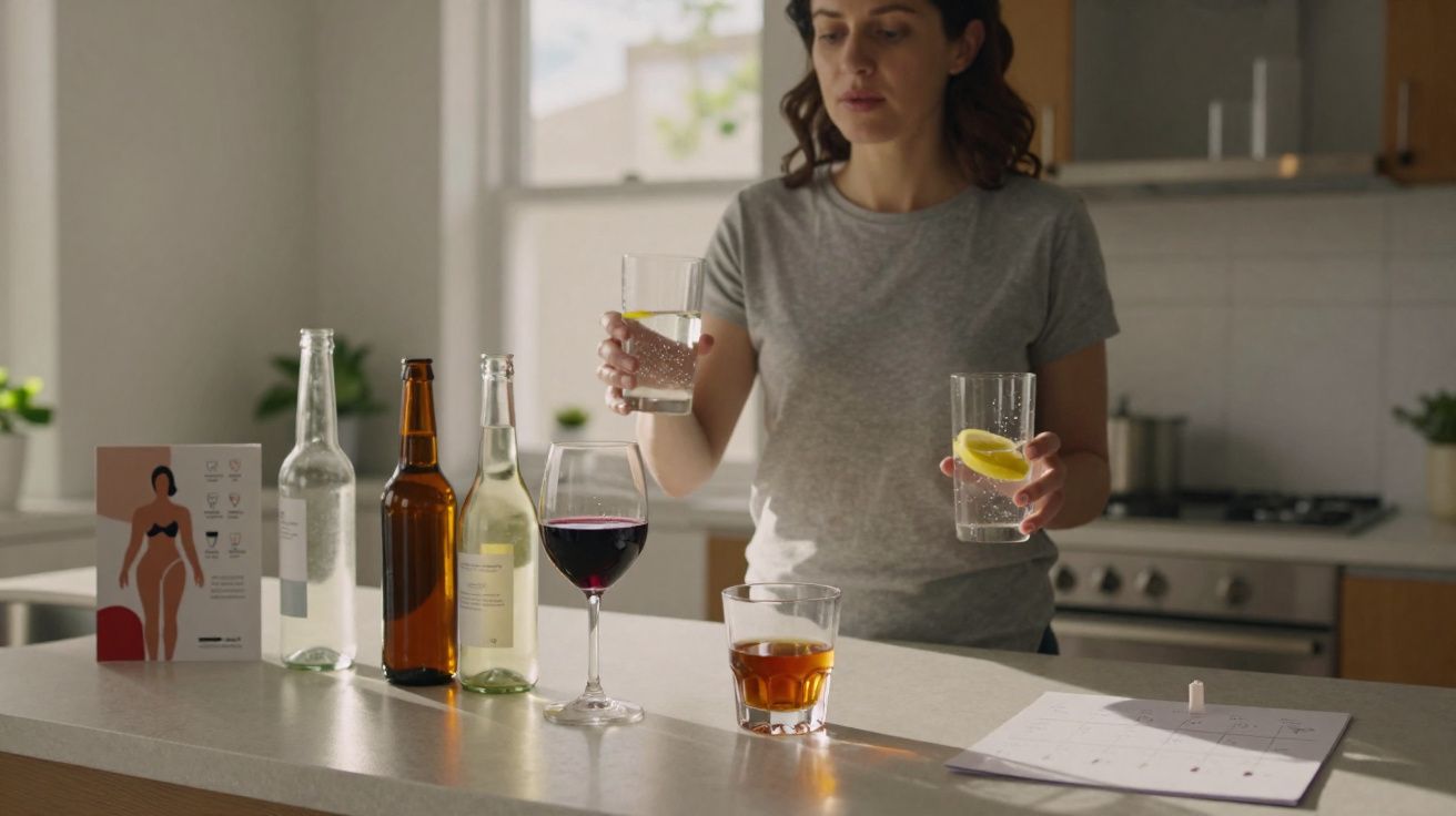 Mulher com camiseta cinza segura dois copos de água com limão numa cozinha, com várias bebidas na bancada.