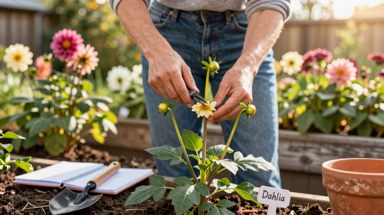 Pessoa a podar flores amarelas de dália num jardim, com caderno, enxada e vaso ao lado.