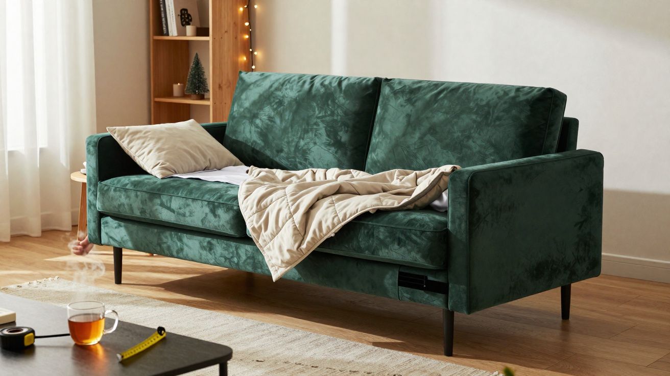 Sofá verde escuro com almofada e manta bege numa sala luminosa com estante e chá quente numa mesa preta.