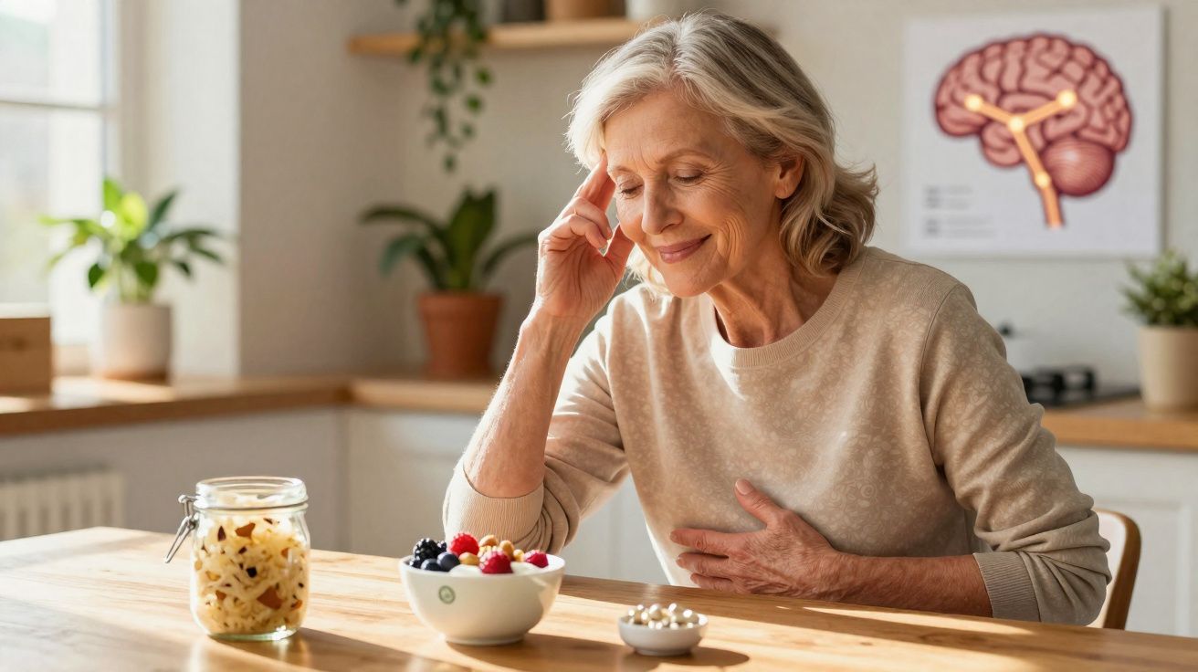 Mulher idosa sentada à mesa com fruta e suplementos, de mão na cabeça, parecendo pensar ou lembrar.