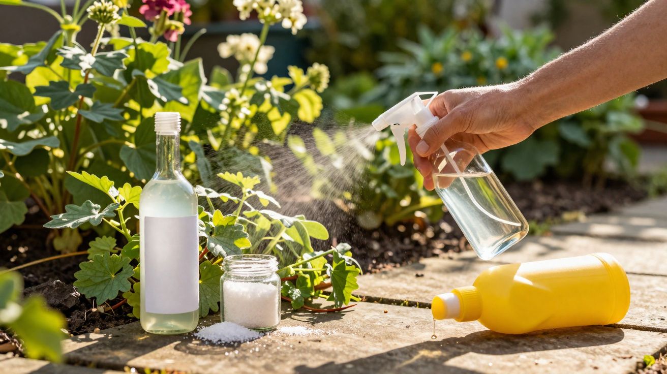 Mão pulverizando plantas num jardim, com frascos de vidro e plástico e sal à volta.