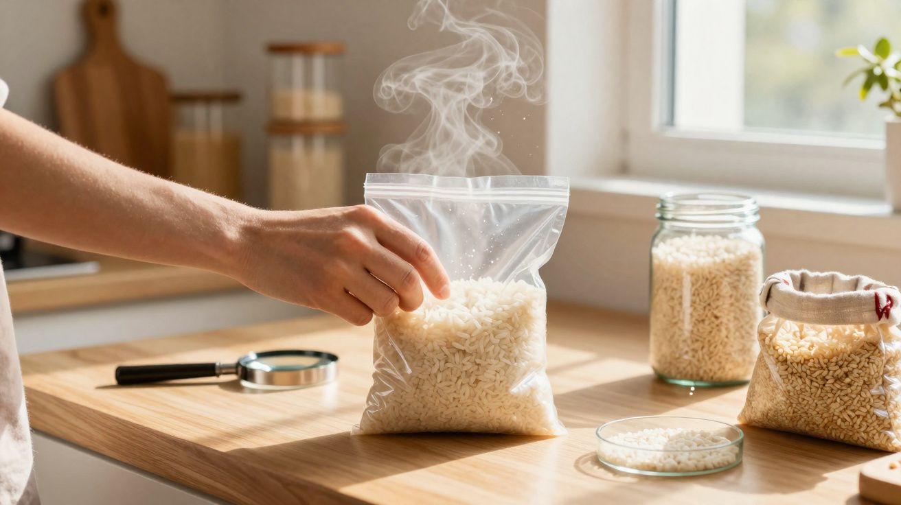 Mão segura saco plástico com arroz quente e vapor, sobre bancada de cozinha com potes e luz natural.