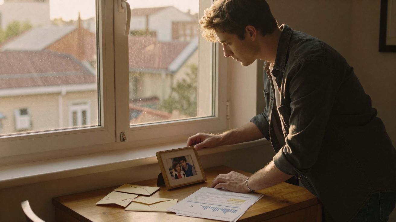 Homem olha pensativo para uma moldura de fotografia na mesa junto à janela, rodeado de papéis e cartas.