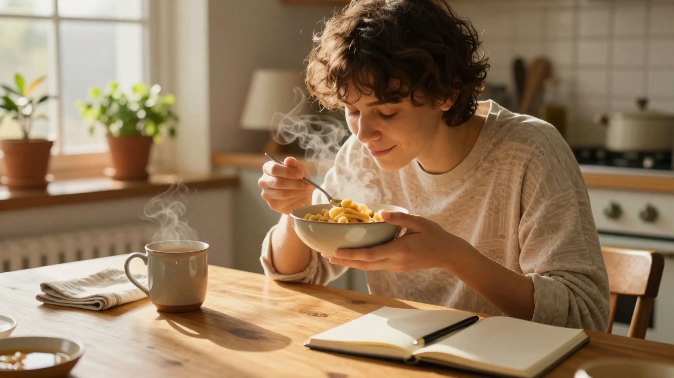 Mulher jovem sentada à mesa a comer uma tigela de comida quente numa cozinha acolhedora e iluminada.