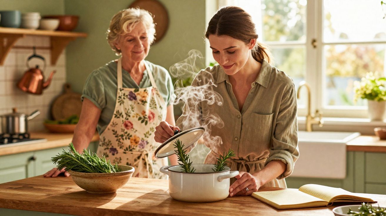 Duas mulheres, uma jovem e uma idosa, cozinham juntas numa cozinha iluminada, com ervas frescas e vapor a sair da panela.