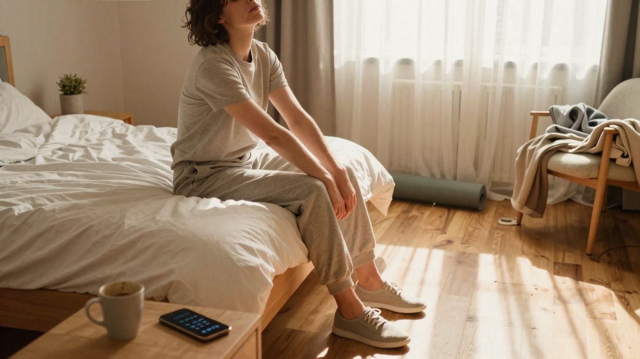Pessoa sentada na cama num quarto iluminado pelo sol, com roupa casual e expressão pensativa.
