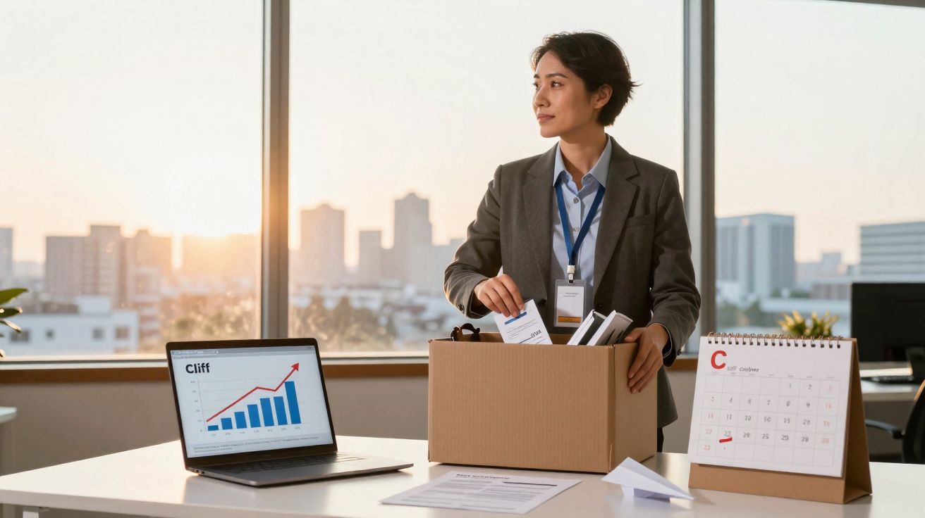 Pessoa em escritório a arrumar pertences numa caixa de cartão, com portátil e calendário na secretária.