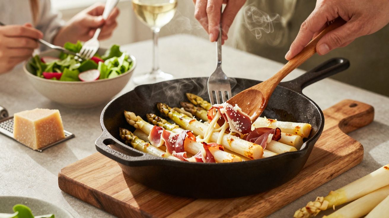 Espargos verdes e brancos com fiambre e queijo numa frigideira, com salada e copo de vinho ao lado.