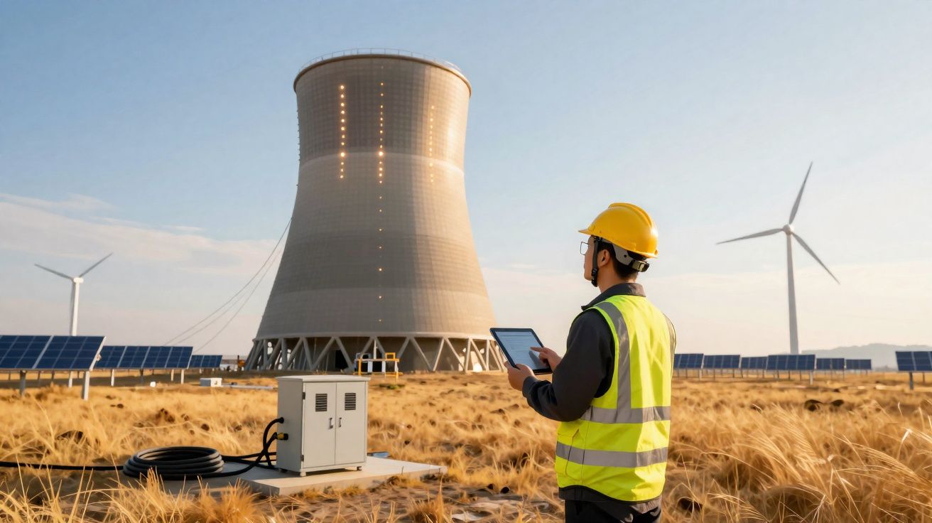 Engenheiro com tablet numa central de energia limpa com turbinas eólicas, painéis solares e torre de arrefecimento.