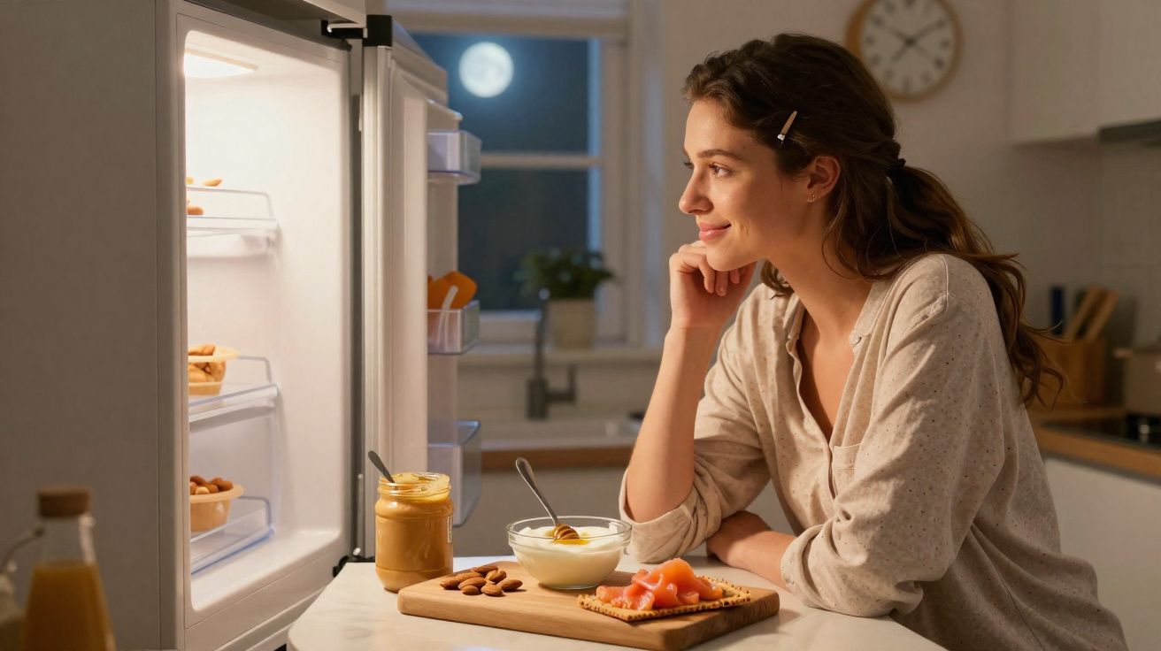Mulher sentada na cozinha à noite, olhando para o frigorífico aberto com comida sobre a bancada.