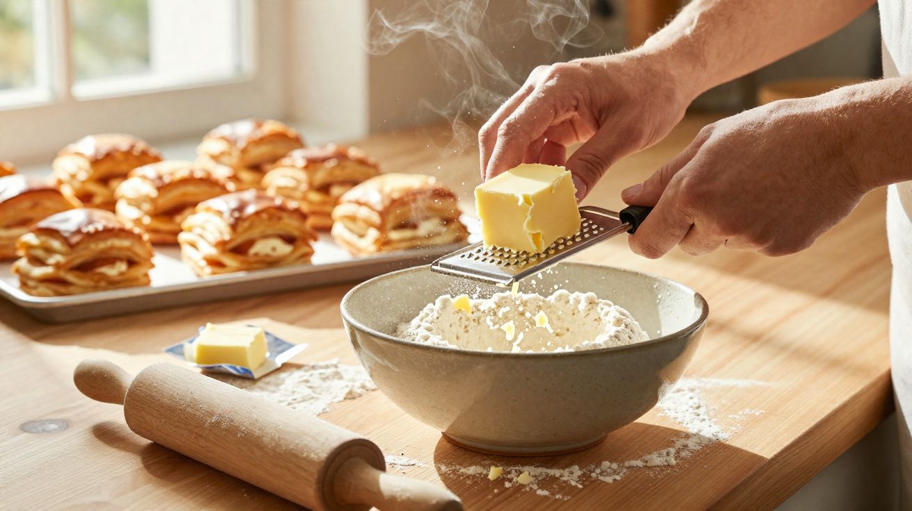 Pessoa a ralar manteiga sobre farinha numa tigela, com bolos e rolo de massa numa bancada de madeira.