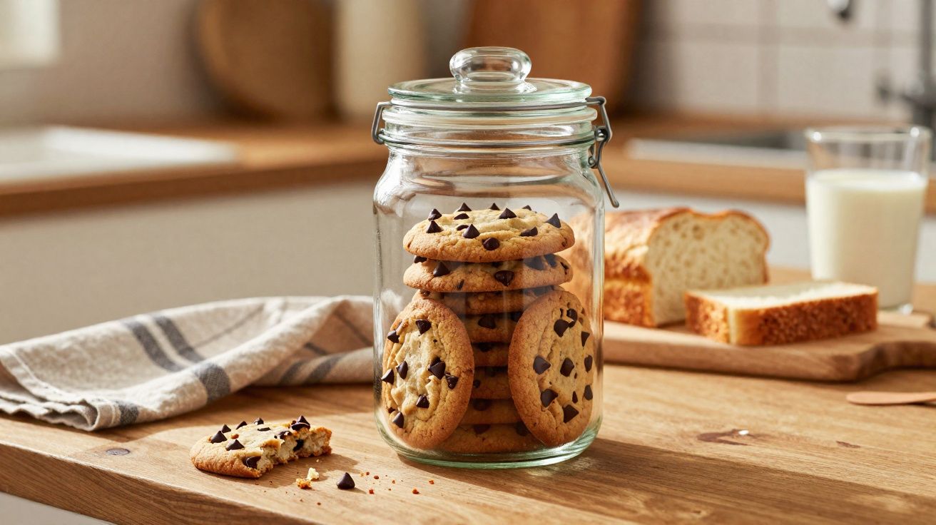 Pote de vidro com biscoitos de chocolate numa cozinha com pão, copo de leite e pano de cozinha ao fundo.