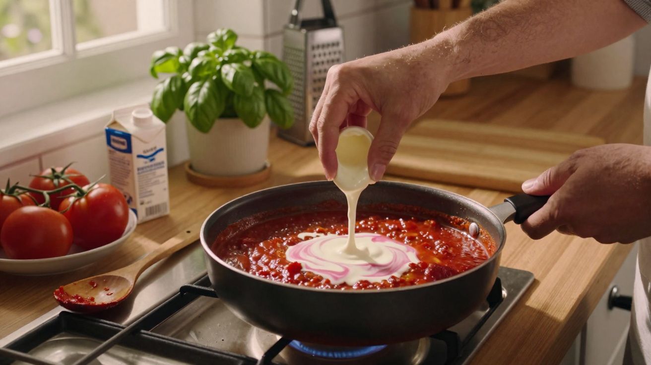 Mãos a verter molho branco numa frigideira com molho de tomate a cozinhar no fogão.