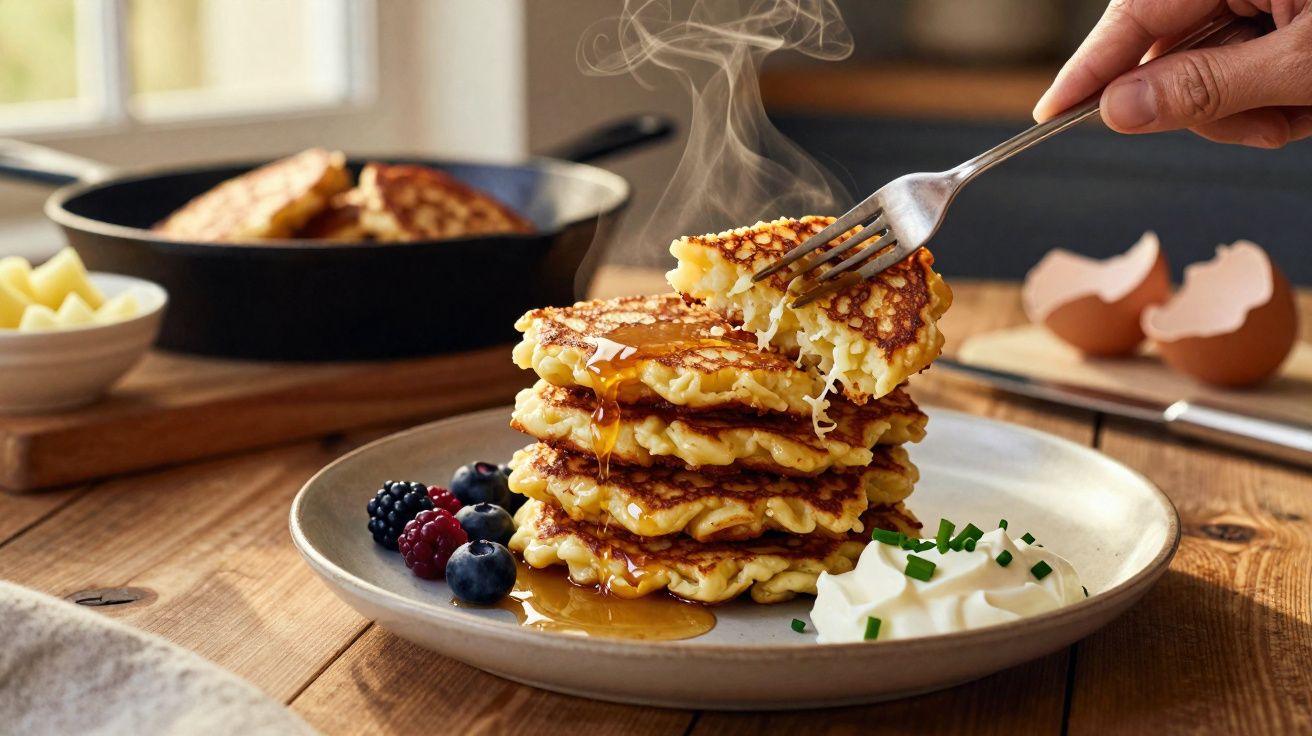 Panquecas quentes empilhadas com xarope, frutos vermelhos e natas num prato sobre mesa de madeira.