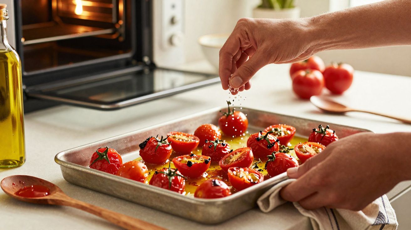 Pessoa a temperar tomates cereja cortados numa tabuleiro antes de os levar ao forno.
