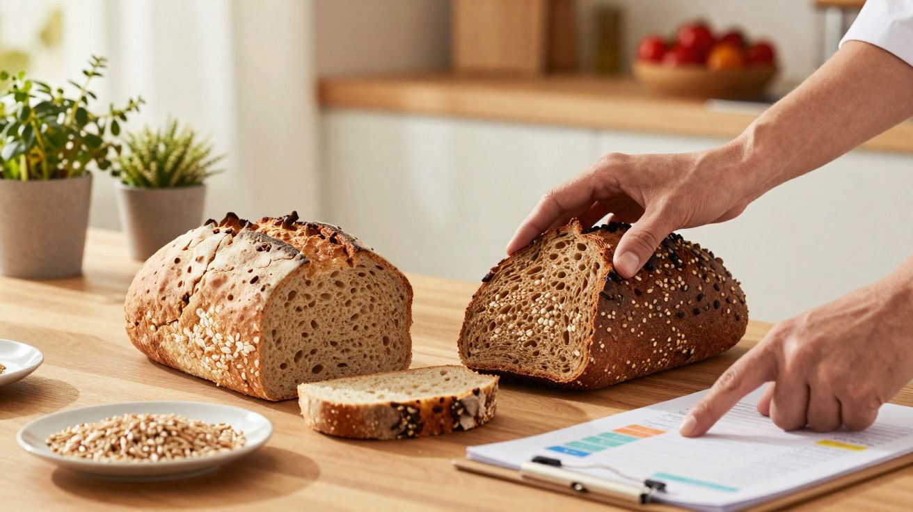 Mãos seguram e apontam para fatias de pão integral numa bancada de cozinha com documentos e sementes.