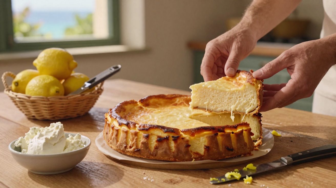 Pessoa a servir uma fatia de tarte de queijo cremosa numa mesa com limões e natas.