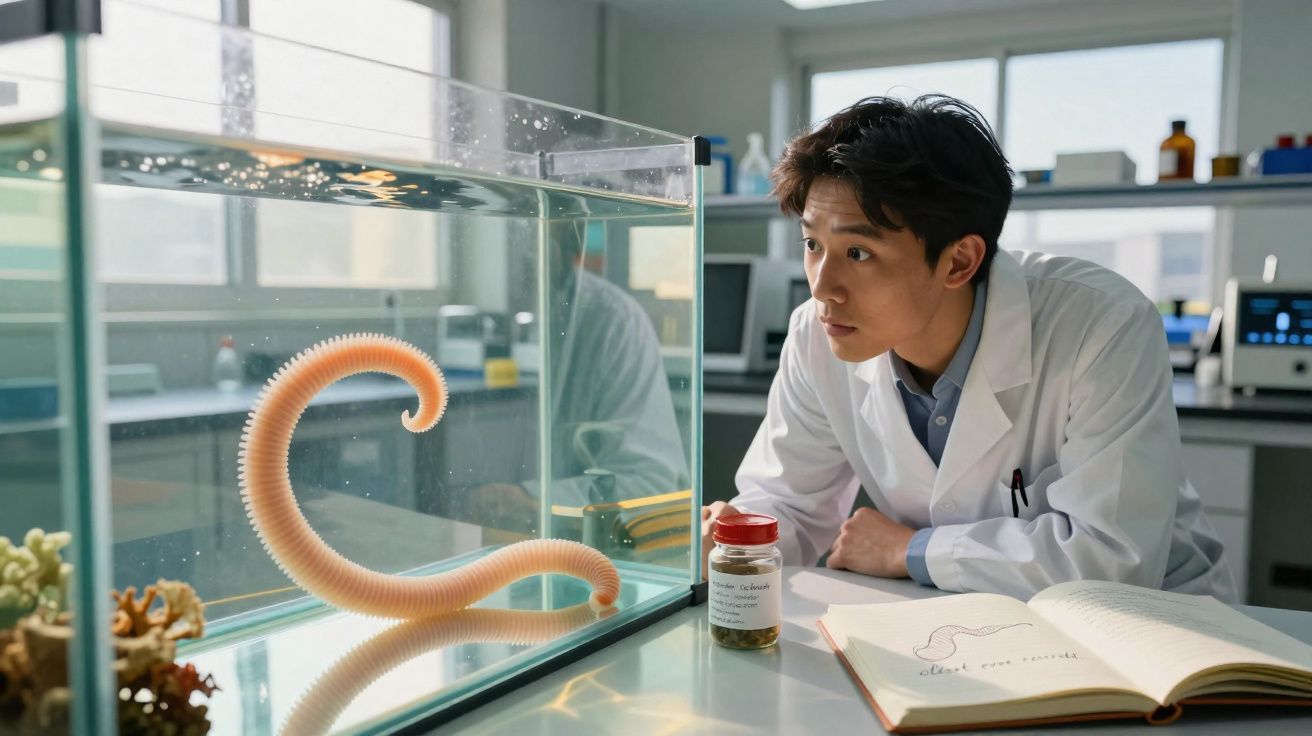 Cientista observa verme marinho em aquário num laboratório com livro aberto e frasco na mesa.