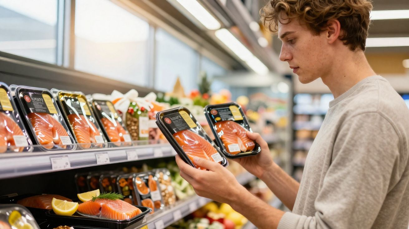 Jovem a comparar duas embalagens de salmão num supermercado.