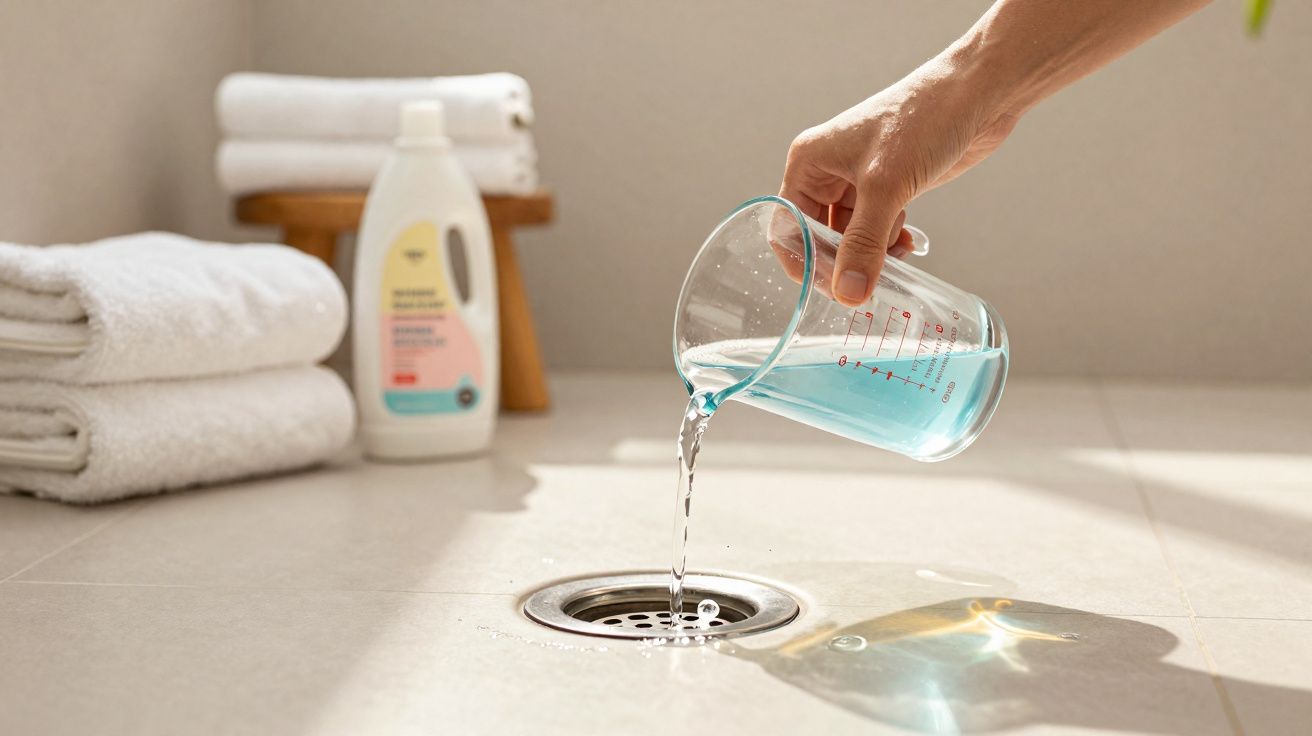 Mão a verter líquido azul de um copo medidor para um ralo no chão, com toalhas e produtos ao fundo.