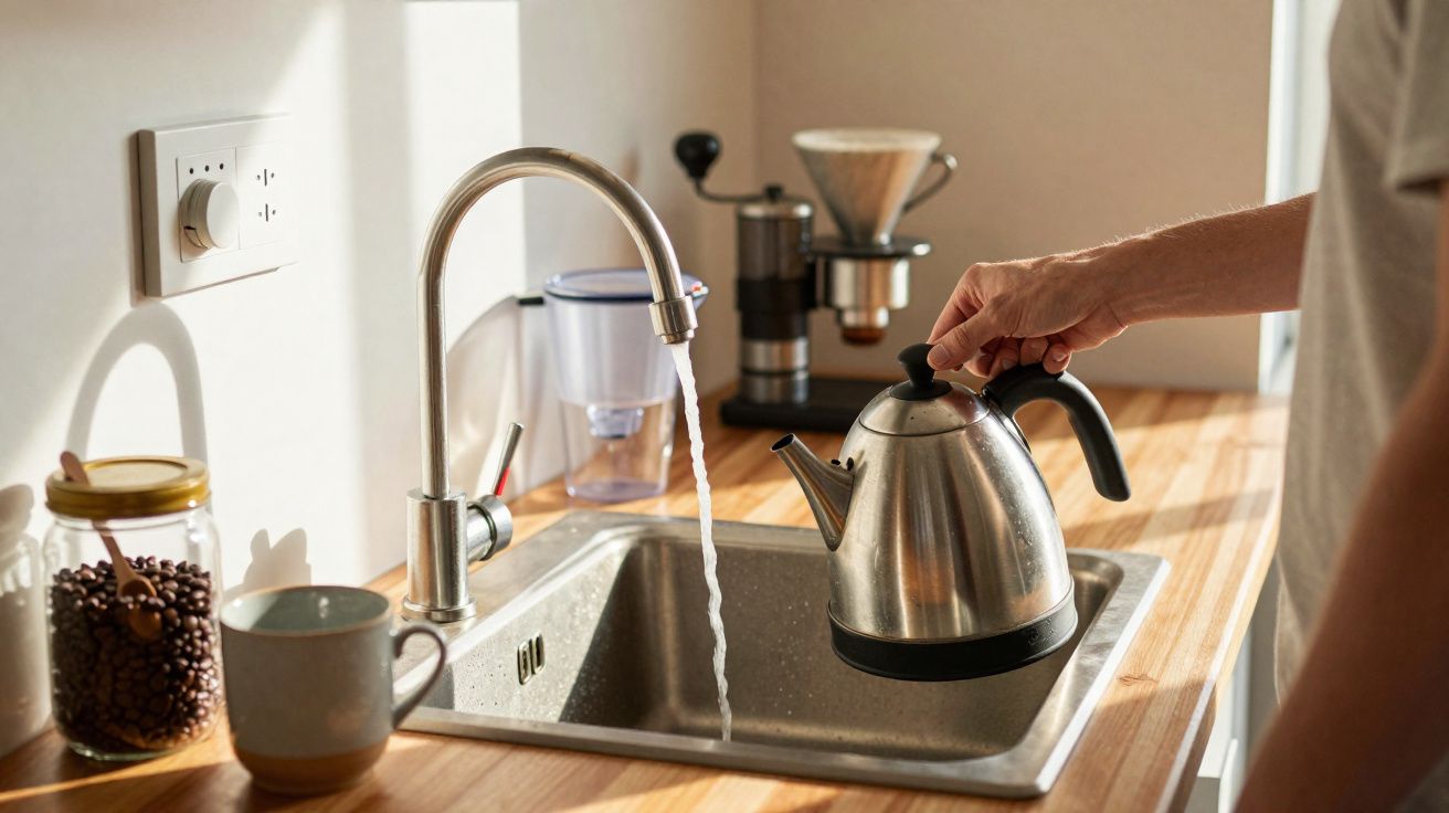 Pessoa a encher um bule de metal com água da torneira numa cozinha iluminada.